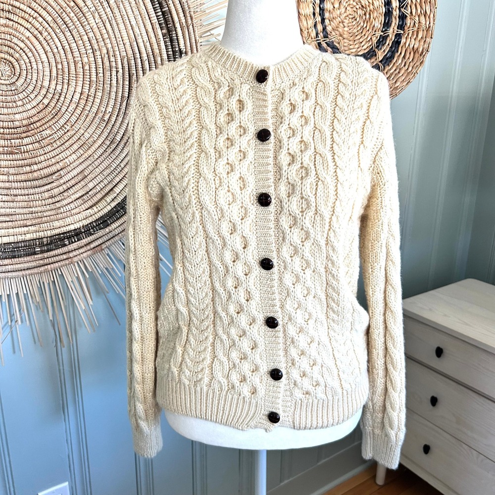 LL Bean Wool Cable Knit Cardigan Sweater Ivory Cream Made in Ireland L-REG